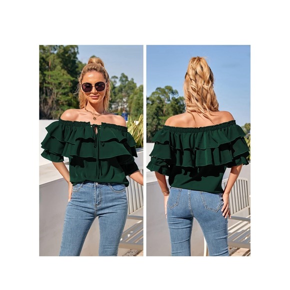 Byinns Women's Off Shoulder Ruffle Long Sleeve Blouses Casual Layered Tops Sz XL - Picture 9 of 9